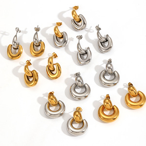 ต่างหูทรงเรขาคณิตสแตนเลสทรงกลมครึ่งวงกลมไทเทเนียมชุบทอง 18k เครื่องประดับแฟชั่น - Product Image 4