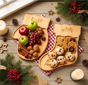 Factory Direct Custom Christmas Wood Serving Tray, <b>Engraved</b> Glove Stocking Shaped Platter, Bulk Wholesale for Holiday Party - Product Image 1