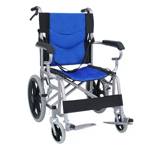 带手刹的轻型运输轮椅，成人折叠运输椅有12英寸轮子，蓝色