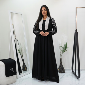 Oferta Especial: Abaya Larga Negra con Cuentas y Flores de Dubái, Vestido Islámico Modesto de Manga Larga para Mujer, para Eid y Bodas, de Poliéster Antiarrugas - Product Image 1