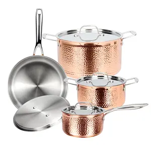 8 Stück hochwertige dreilagige Kupfer-Kochküchen und -Pfannen Edelstahl-Kochgeschirr-Set mit Hammer-Design