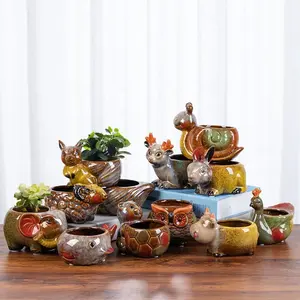 Vaso de flores em cerâmica para plantas de interior, vaso pequeno com drenagem, vaso de flores em cerâmica para decoração de mesa de escritório e casa