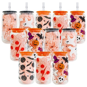 Ice Coffee Soda Pop Beer Wine Cup <strong>Pumpkin</strong> Ghost Spider Web Printed Glass <strong>Can</strong> With Plastic Lid and Straw - Product Image 2