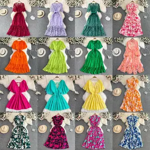 2024 thời trang của phụ nữ hoa Dresses dài của phụ nữ Dresses mùa hè cotton Ruffle Ngắn Tay Áo Dresses