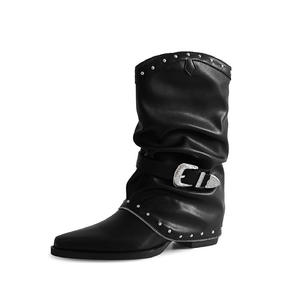 รองเท้าบูทคาวบอยผูกเชือกหัวสี่เหลี่ยมประดับทองสำหรับผู้หญิงรองเท้าบูทหุ้มข้อส้นหนาสูง5-8ซม. ทำจากหนังแท้ออกแบบได้ตามต้องการ - Product Image 1