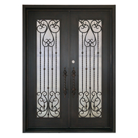 Porte d'entrée extérieure double battante en acier forgé, avec grille en fer artisanale, poignées spéciales antivol, pour villa sur mesure