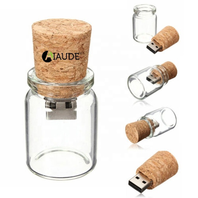 Customized Usb Drive Storage Drift Bottle Cork Stopper Wishing Bottle Custom Usb Flash Drive with Wooden Box for Wedding Gift