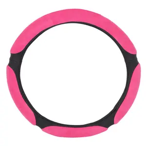 Factory Hot Sell Universal Hand Anti Slide Good Quality PU Leather Internal Ring Pink Steering Wheel Cover Velvet Cloth