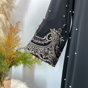 Luxury Fashion Pearls Pretty Flower Applique Hot Sale Elegant V Neck Maxi <b>Long</b> Sleeves Polyester Muslim <b>Eid</b> Women <b>Dresses</b> 2 - Product Image 4
