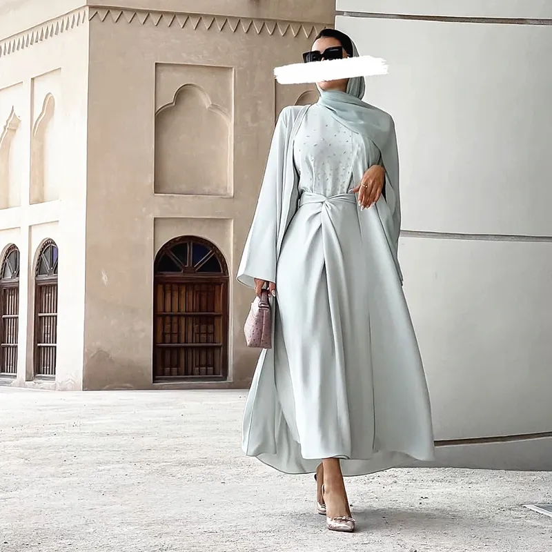 Abaya donne abito musulmano abbigliamento islamico tinta unita moda perline 3 pezzi Abaya Set donna Abaya musulmano