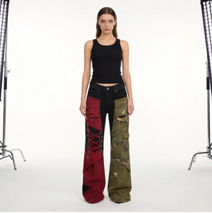 Vaqueros acampanados de hombre Wangsheng de corte holgado con patchwork, estampado digital en denim rojo y verde, lavables, con cordones y efecto desgastado, estilo streetwear. - Product Image 6