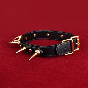 Gothic Leather BDSM <b>Collar</b> with Metal Rivets, Adjustable PU Neck Choker Optional Chain, Gold & Silver Studded <b>Bondage</b> Accessory - Product Image 3