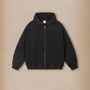 Bán Buôn Tùy Chỉnh 360 GSM Bông Pha Trộn Lông Cừu Lót Hoodies Cổ Điển Rửa Đau Khổ Axit Rửa Zip Lên Hoodies Cho Nam Giới - Product Image 5