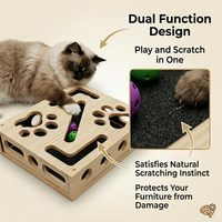 Boîte d'enrichissement interactive pour chat, grande boîte à griffoir en bois massif avec papier de verre et balles, jouet interactif pour chats d'intérieur