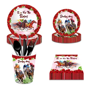 Huancai Derby Day Feestartikelen Gerund Voor De Rozen Papieren Borden Bekers Servetten Wegwerp Serviesgoed Set Voor Paardenrace Feest Decor