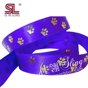 Wholesale 13mm Dog Paw Gold Foil Printed Satin Ribbon