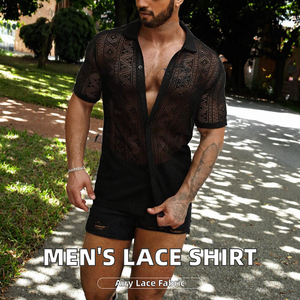 Chemise en dentelle pour hommes, manches courtes, boutonnée, ajourée, transparente, décontractée, pour les vacances d'été - Product Image 2
