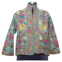 Couverture courte indienne en coton tricoté et tissé, broderie Suzani faite à la main, respirante, réversible, écologique, rayée, pour femme, automne-hiver