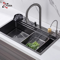 Nano 304 évier en acier inoxydable cascade affichage numérique robinet bionique nid d'abeille Double bol évier de cuisine avec porte-couteau