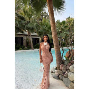 Beige Rose Detail Tie-Up <b>Cocktail</b> <b>Dress</b> - Product Image 5