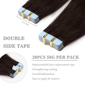 Extensions de cheveux naturels Remy à bandes adhésives en PU, invisibles et sans couture, avec trame en PU injecté, extensions de cheveux naturels bruts, trame adhésive effet peau - Product Image 2