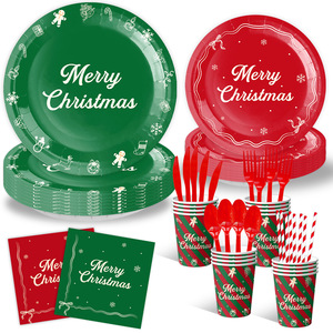 DAMAI Christmas Tableware Set Red and Green Party Supplies Christmas Theme Disposable Tableware for Christmas Holiday - Product Image 5