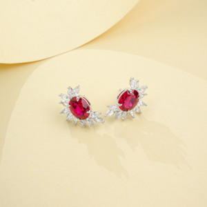 925 Silver 8x10mm Oveal Lab Ruby <b>Stud</b> <b>Earrings</b> Sterling Silver Lab-Grown Ruby Halo <b>Stud</b> <b>Earrings</b> - Product Image 4