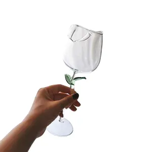 Сделанный вручную прозрачный Уникальный Бокал для вина в форме розы с волнистым стержнем и листьями