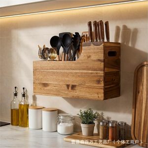 Wooden <b>Kitchen</b> Utensil <b>Rack</b> Wall Mounted Rectangle Natural Wood Color Knife Fork Spoon Organizer Drainer <b>Rack</b> Tableware <b>Storage</b> - Product Image 1