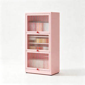 Armoire de rangement en verre trempé certifié CCC à <span class=keywords><strong>3</strong></span> niveaux, rose fleur de cerisier, H123W80D35cm, bibliothèque entièrement en acier, buffet - Product Image 6