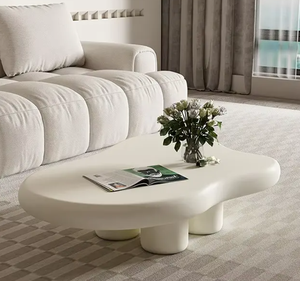 Juego de Mesa de Centro Moderno para el Hogar, Diseño de Mesa de Centro Ondulada de Fibra de Vidrio en Color Blanco Crema para Sala de Estar - Product Image 3