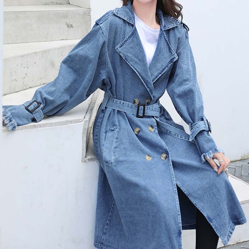 Mới Đến Thiết Kế Womens Dài Denim Áo Vành Đai Vành Đai Ve Áo Phụ Nữ Denim Áo Khoác