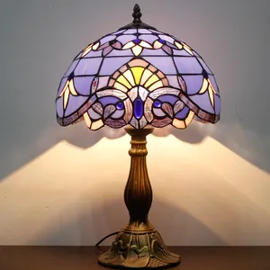 Lampu meja baca samping tempat tidur kaca berwarna 12X18 inci lampu meja gaya Barok ungu biru lampu pabrik grosir