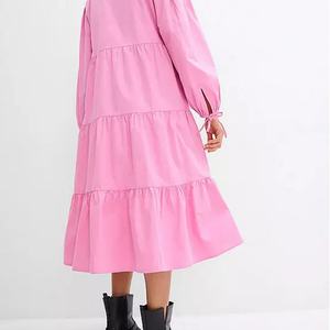 เดรสยาวสีพื้นทรงหลวมสไตล์ลำลองสำหรับฤดูร้อน ดีไซน์ระบายชั้นๆ ผ้าฝ้ายเนื้อนุ่ม แขนยาว กำลังเป็นที่นิยม - Product Image 6