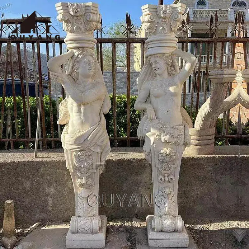 QUYANG Outdoor Park Decorative Hand Carved Natural Stone Naked Lady Statue Beige Marble Granite Gate Pillar