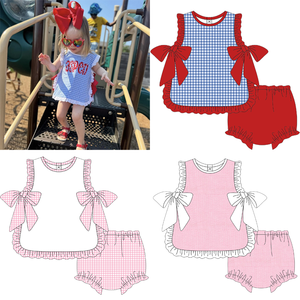 女婴夏季服装套装 粉色格子上衣，带大蝴蝶结和灯笼裤 幼儿荷叶边精品服装 - Product Image 1