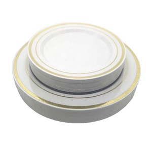 blue hot stamp PS disposable plastic dinner plate with gold rim 150 pcs set