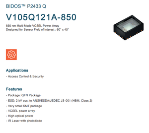Lasers VCSEL OSRAM V105Q121A-850 BIDOS P2433 Q LED haute puissance 3W 2.45V 850NM 60X45 4-SMD Dimmable Garantie 3 ans - Product Image 2