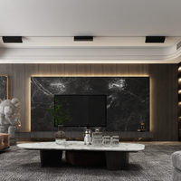 Meuble TV LED moderne industriel en noyer noir, marbre, métal beige, style victorien pour hall d'hôtel