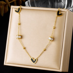 Heart-Shaped Gold Plated Clavicle Chain With Black Pendant Diamond Beads Stainless Steel Necklace For Daily Wear Gift - Product Image 1