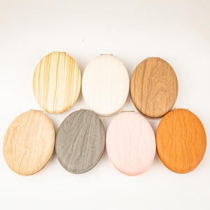 White Wood Grain PU Leather Oval Compact <b>Mirror</b> Silver Electroplated Metal Frame Folding Dual Sided Pocket <b>Makeup</b> <b>Vanity</b> <b>Mirror</b> - Product Image 3