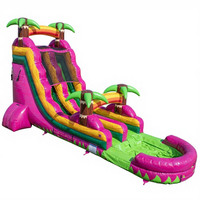 Toboggan aquatique gonflable en PVC Magenta de 18 pieds à une voie, motif arc-en-ciel tropical, garantie 1 an, idéal pour la location événementielle