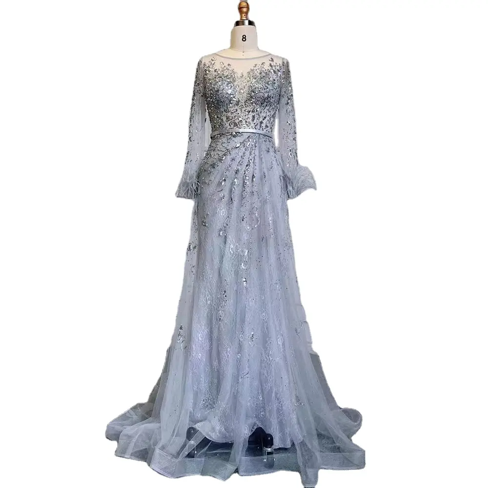 Grey Beaded Feathers Evening Dresses Serene Hill LA70827 Lace O Neck Long Sleeves Long Party Gowns for Women