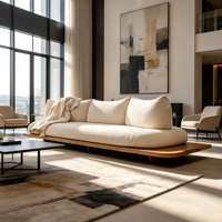 Sofa Platform Gaya Wabi Sabi Minimalis Jepang dengan Alas Kayu Solid, Sofa 3 Dudukan Berbahan Kain Teddy, Sofa Duduk Dalam untuk Ruang Tamu Rumah