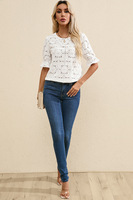 Chemise de créateur personnalisée Chemise en mousseline à volants de couleur unie, col rond, haut jacquard creux à manches trois-quarts Blouses et chemises pour femmes