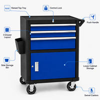 Coffre à outils roulant robuste en acier à 3 tiroirs avec verrou central et roues à frein bleu/noir pour garage et atelier – Commandes OEM