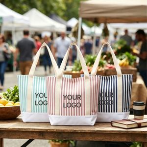 New Stripe <b>Bag</b> Beach Canvas <b>Reusable</b> Bolsas Cotton Embroidered Lifestyle Tote for Afternoon Shopping - Product Image 4
