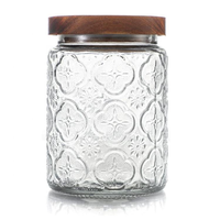 Pot en verre transparent gaufré de style bohème avec couvercle en bois naturel, récipient hermétique pour noix, épices, café, assaisonnements