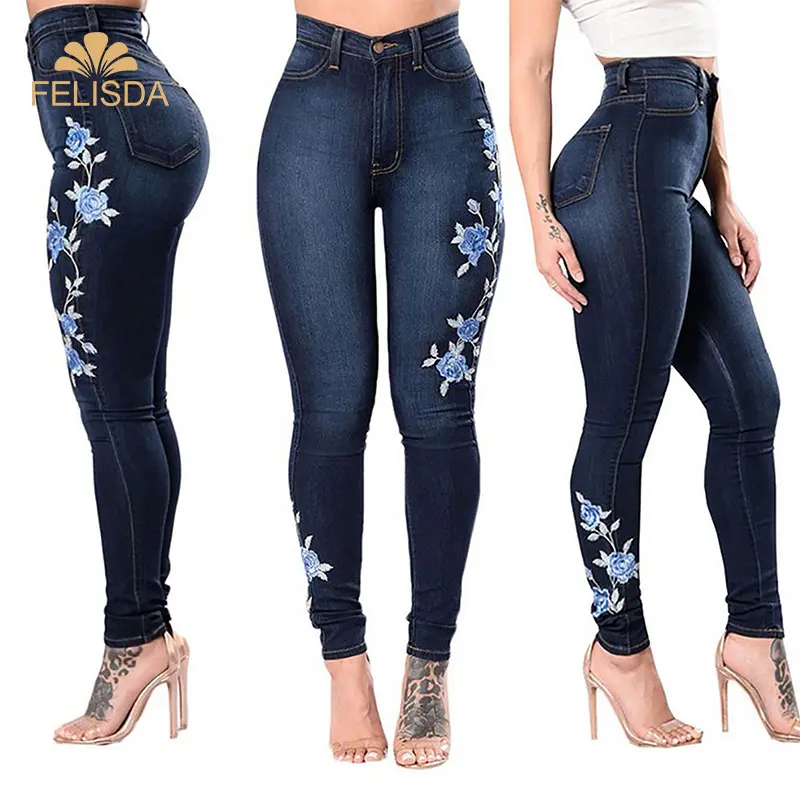 FELISDA Celana Jeans Kurus Wanita, Bawahan Pakaian Pensil Pinggang Tinggi, Ukuran Besar Ibu