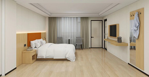Juego de Muebles de Madera Sólida de Alta Calidad para Habitación de Hotel con Cama Doble y Colchón, Cabecera Tapizada y Mesitas de Noche para Hoteles de 3 Estrellas - Product Image 5
